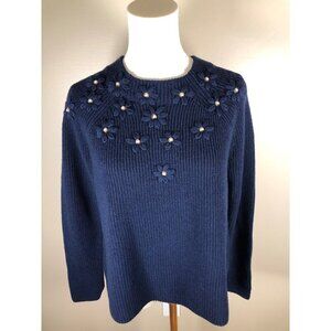 Draper James 100% Wool Long Sleeve Pearl Flower Detail Navy Sweater Size M